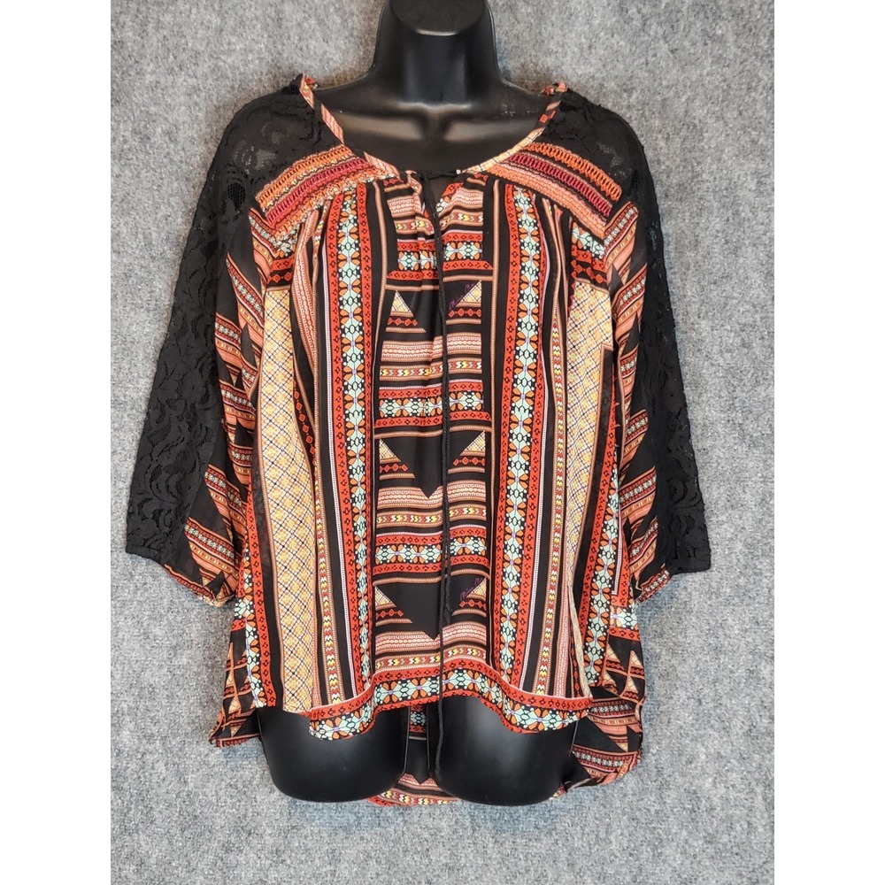 Miss Me Boho Geo Print Top Women's Medium Black Lace Sleeve Blouse Tunic